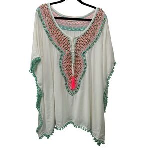 Miss June Paris White Sequin Embroidered Pom Pom Kaftan Tunic Top Cover Up Glam